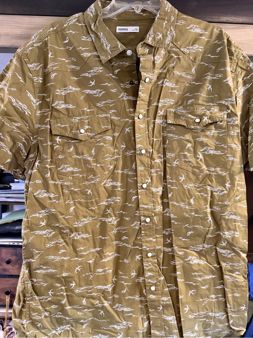 Sonoma Short-Sleeve Button-Up Shirt in Mustard with Wave Print slim fit
